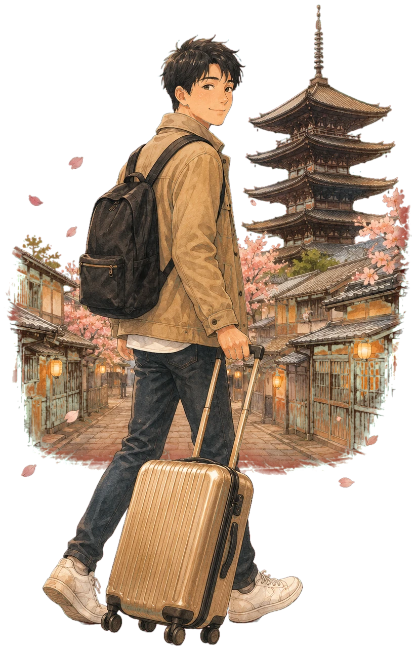 Arif tiba di Jepang dengan kopernya, pagoda dan bunga sakura di belakangnya.