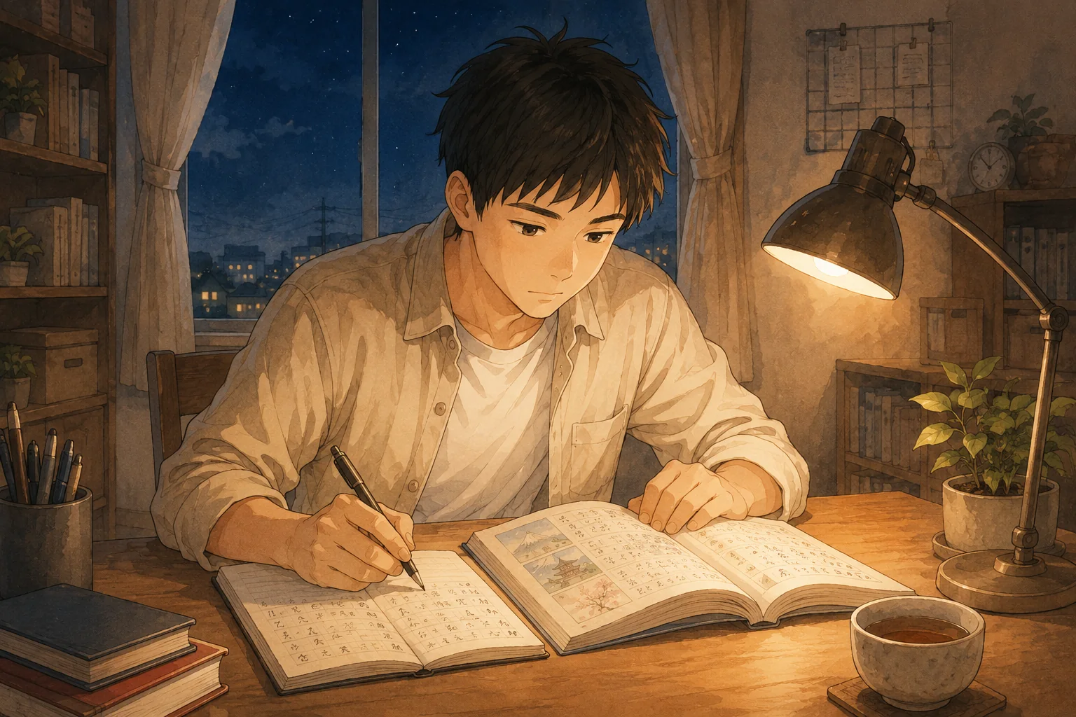 Arif belajar bahasa Jepang dengan tekun di malam hari.